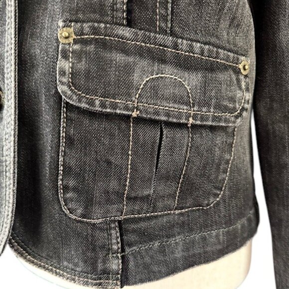 DKNY Jeans Women's Black Cropped Denim Military Style Jacket Stretch Faded L EUC - Picture 5 of 16